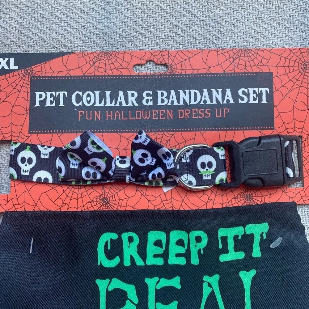 Creep it Real Dog Matching Collar Bandana Set NWT L/XL Black Skull Gift
